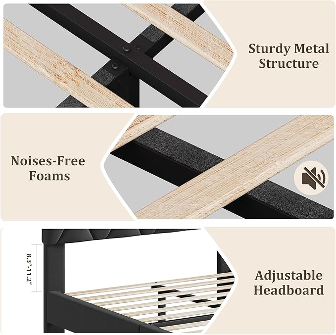 GarveeHome Twin Size Platform Bed Frame with Upholstered Headboard and Wooden Slats Support, Upholstered Mattress Foundation/No Box Spring Needed/Easy Assembly, Gray