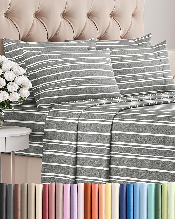 Full 6 Piece Sheet Set - Comfy, Breathable & Cooling - Soft Hotel Luxury Bedding for Women, Men, Kids, Teens and Children - 1 Flat & 1 Fitted Sheet & 4 Pillowcases with Deep Pockets - Grey Stripes 3
