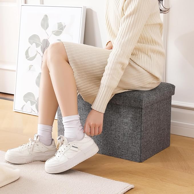 Storage Ottoman Cube Small Footrest Foldable Seat Foot Stools Square Tufted Ottoman Linen Dark Grey