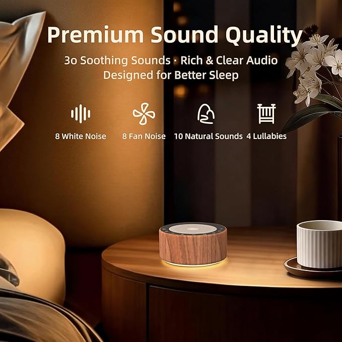 Kipcush White Noise Machine - Soft Non-Glare Nursery Lamp, 30 Soothing Sounds, 8 Color Lights, Max 8-Hour Timer for Baby & Adults (Walnut Wood, Standard)