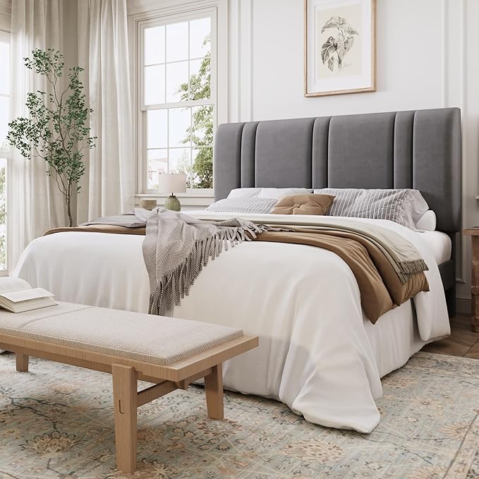 SHA CERLIN Queen Size Platform Bed Frame, Velvet Upholstered Bed with Adjustable Headboard, Vertical Channel Tufted Design, Sturdy Wood Slat Support, No Box Spring Needed, Easy Assembly, Light Grey