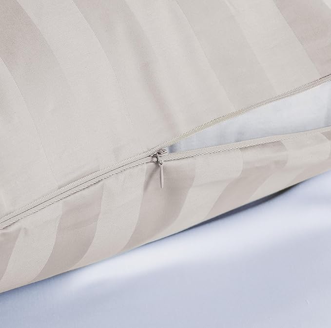 100% Egyptian Cotton Pillow Protectors Set of 2, 400 Thread Count Sateen Weave Cooling Pillowcase, Easy Care Zippered Style Pillow Covers (Stripe-Light Beige, Queen)