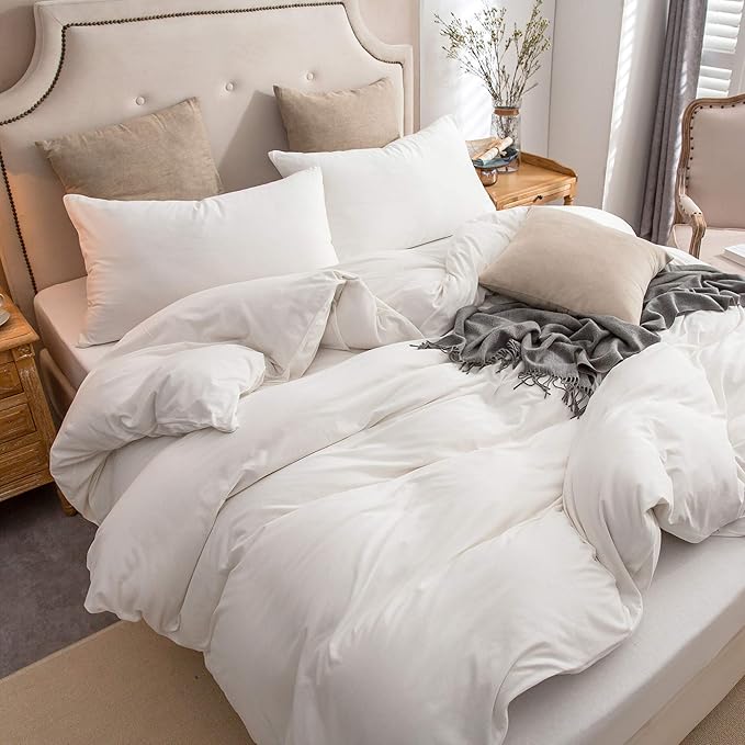 PURE ERA Jersey Knit Duvet Cover Set 100% T-Shirt Cotton Super Soft Comfy 2pc Bedding Set with Zipper Closure (Solid Off White, Twin)