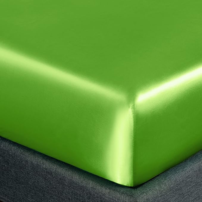 Homiest 4pcs Satin Sheets Set Luxury Silky Satin Bedding Set with Deep Pocket, 1 Fitted Sheet + 1 Flat Sheet + 2 Pillowcases (Queen Size, Lime Green)