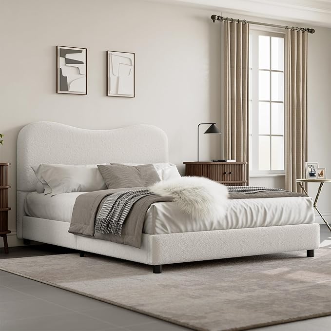 GarveeHome Boucle Full Size Bed Frame with Upholstered Headboard, Soft Low Profile Sturdy Platform Bed with Rounded Corners Design, Heavy Duty, Wooden Slats, Noise Free, No Box Spring Needed, White