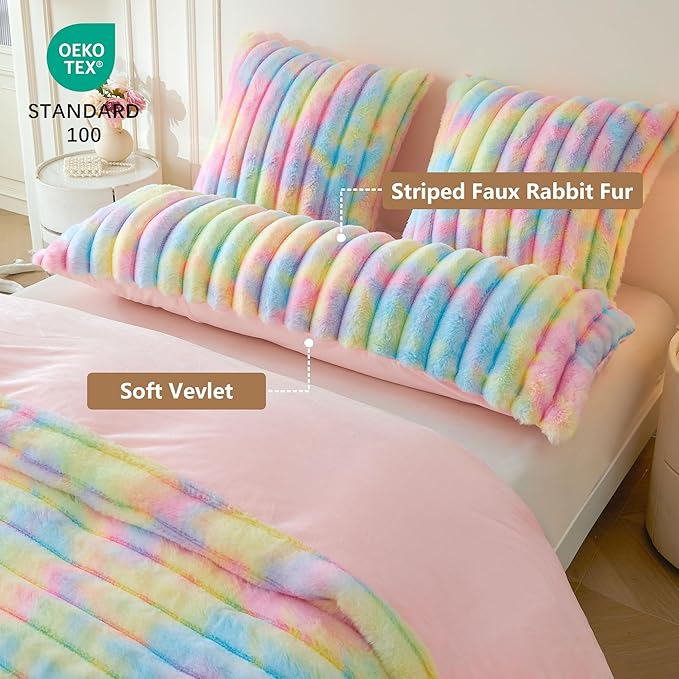 MEGO Fluffy Faux Rabbit Fur Body Pillow Cover, Luxury Plush Fuzzy Striped 20x54 Tie Dye Body Pillowcase Bedroom, Shaggy Furry Zippered Bedroom Long Pillow Case for Pregnant Women Side Sleeper, Rainbow