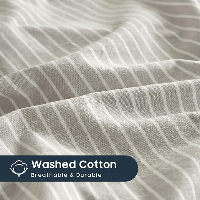Wake In Cloud - Striped Cotton Duvet Cover Set, 100% Washed Cotton Textured Percale Bedding Set, Ticking Stripe Pinstripe Farmhouse, 3 Pieces, Light Grey, Queen Size