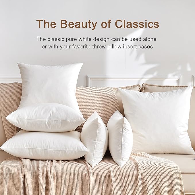 Organic Feather Down Throw Pillow Inserts (24x24 Inch, Set of 2) - 100% Cotton Shell, Filling of Feathers, Square Decorative Pillow Form Core for Living Room Couch, Sofa, and Bed
