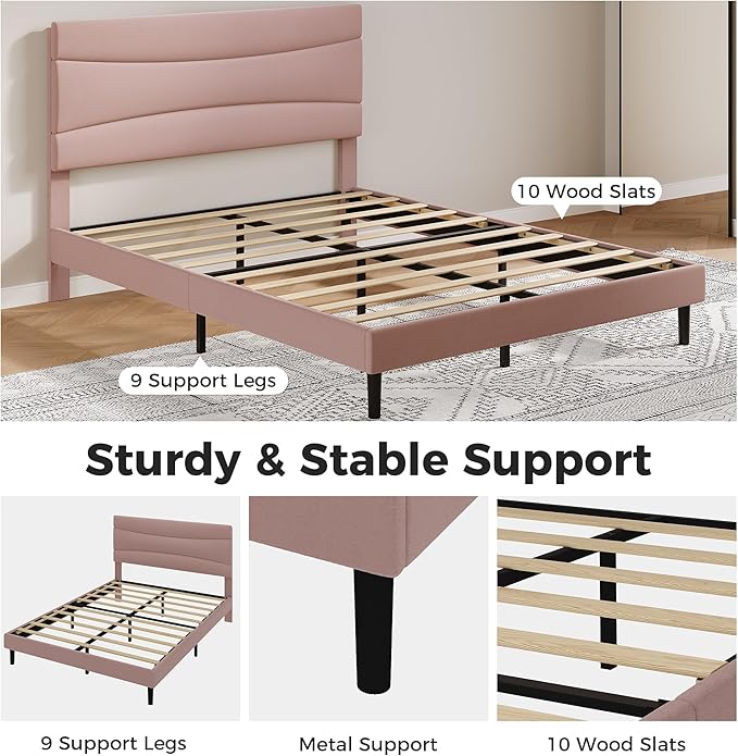 GarveeHome Queen Modern Upholstered Bed Frame with Soft Padded Headboard,Sturdy Metal Steel Slat Support, Noise-Free Quiet Design,Easy Assembly,Heavy Duty Stable Bed Frame(Pink)