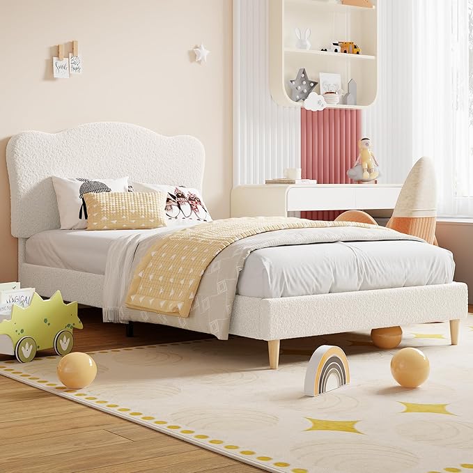 GarveeHome Upholstered Full Size Bed Frame for Kids with Scallop Headboard, Cute Velvet Full Bed for Girls, Boys, Sturdy Platform Bed, No Box Spring Needed, Wooden Slats, Noise Free, Beige