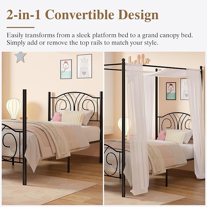 VECELO Metal Canopy Bed Frame Twin Size, 4 Posters Platform Mattress Foundation with Headboard, Heavy Duty Steel Slats Support, No Box Spring Needed, Matte Black