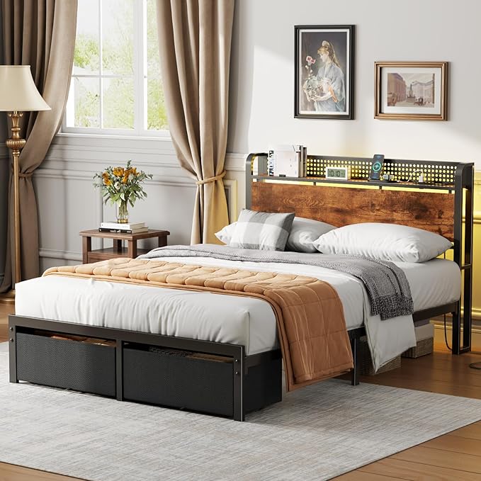 Furnulem Full Size Bed Frame with Headboard Storage, Platform Bed Frame Full Size with 2 Drawers, Charging Station and LED Lights, No Box Spring Needed, Noise Free, Easy Assembly (800 lbs Capacity)
