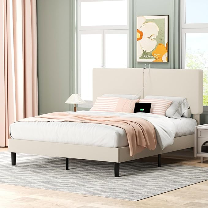 VECELO Queen Bed Frame with Type-C & USB Ports, Upholstered Platform Height-Adjustable Cotton and Linen Headboard, No Box Spring Needed, Noise-Free, Easy Assembly, Beige