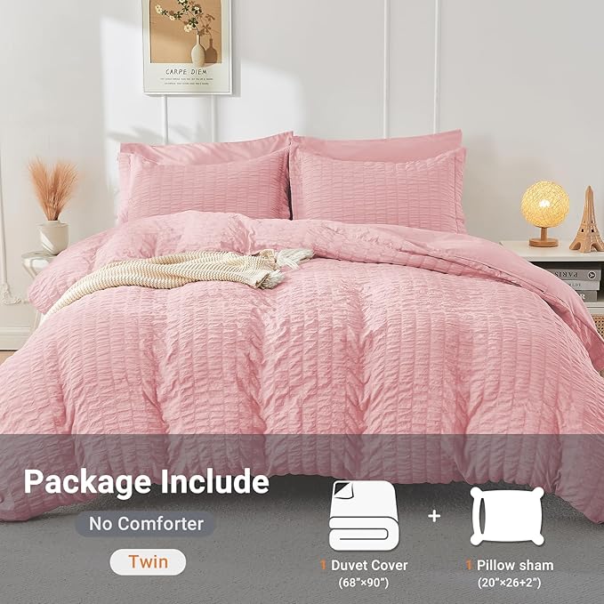 HYMOKEGE Pink Twin Size Duvet Cover, Ultra Soft 2-Piece Seersucker Duvet Cover Set with Zipper Closure, Soft Brushed Microfiber Bedding Set with 8 Corner Ties (68"x90", 1 Pillowshams)