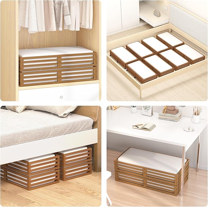 Wisuce Bamboo Under Bed Storage Containers- Underbed Organizer with Wheels with Dust Bag,Sturdy Wood Rolling Under the Bed Shoe Storage Organizer Drawers (Brwon, 2 Pack (33.07"×16.54"))