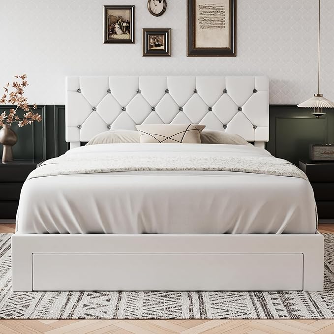 VECELO Queen Size Bed Frame with 3 Storage Drawers, Leather Upholstered with Diamond Tufted Headboard, Solid Wood Slat Support & Steel Framework, PU & White
