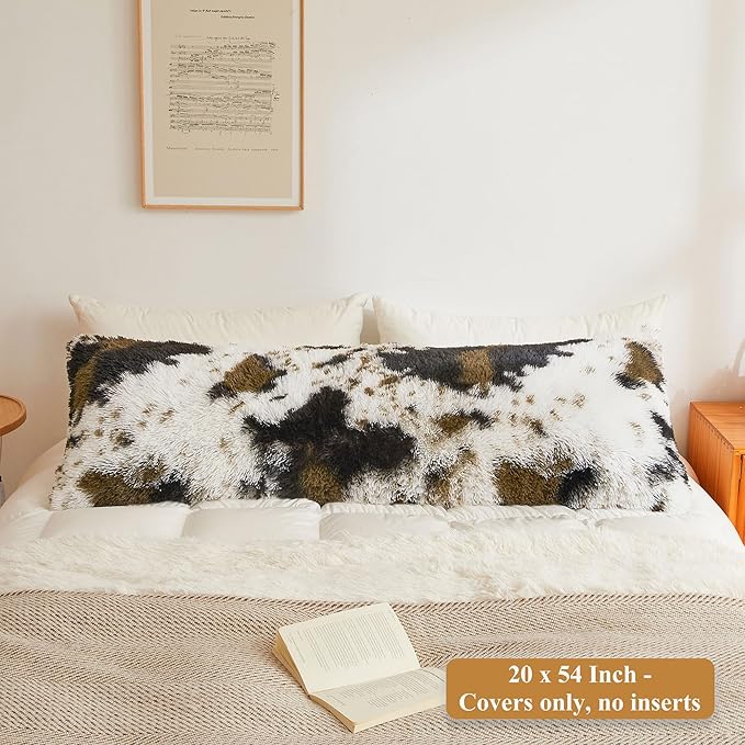 XeGe 20x54 Fluffy Body Pillow Cover, Cow Print Plush Fuzzy Faux Fur Body Pillowcase with Zipper, Farmhouse Shaggy Furry Long Pillow Cover for Pregnant Women Side Sleeper, Cow Print Brown