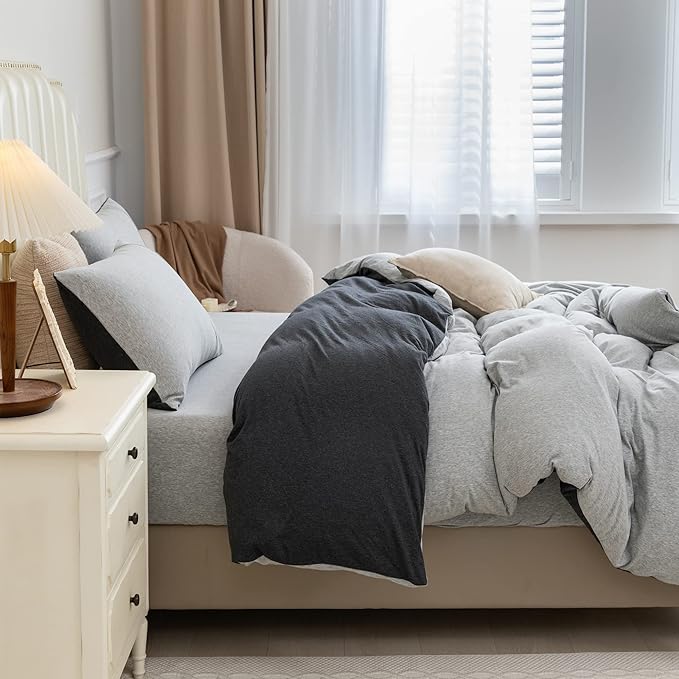 PURE ERA Jersey Knit Duvet Cover Set 100% T-Shirt Cotton Super Soft Comfy 3pc Bedding Set with Zipper Closure (Heather Charcoal Grey/Grey, King)