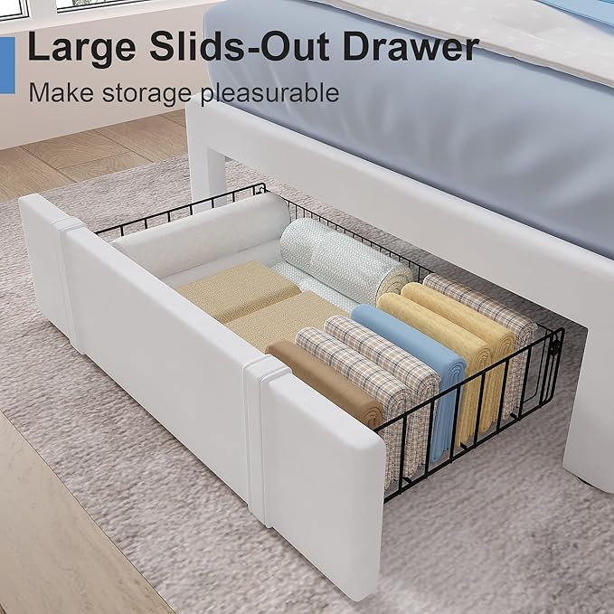 VECELO 2 Set Twin Size Bed Frame, Upholstered Platform Bedframe with Height Adjustable Cloud-Shaped Headboard, Strong Wood Slat Supports, No Box Spring Needed, Blue