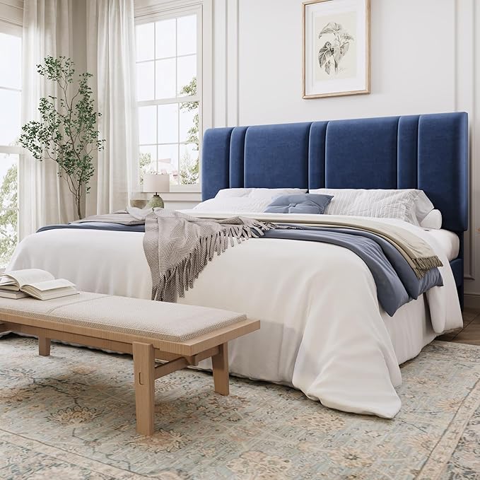 SHA CERLIN King Size Platform Bed Frame, Velvet Upholstered Bed with Adjustable Headboard, Vertical Channel Tufted Design, Sturdy Wood Slat Support, No Box Spring Needed, Easy Assembly, Dark Blue