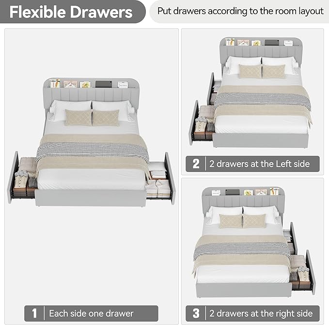 IDEALHOUSE Full Bed Frame with 2 Flexible Drawers and Bookcase Headboard, Boucle Upholstered Platform Bed for Boys/Girls, Noise-Free, Easy Assembly, No Box Spring Needed, Gray