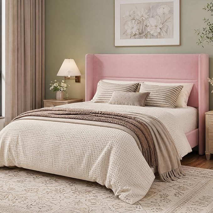 Garvee Queen Size Bed Frame with Wingback Headboard, Velvet Upholstered Platform Bedframe with Wood Slats, No Box Spring Needed, Easy Assembly, Pink