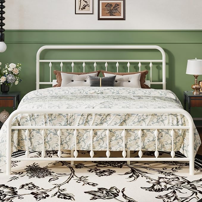 SHA CERLIN King Size Metal Platform Bed Frame with Victorian Style Iron-Art Headboard and Footboard, Easy Assembly, Under Bed Storage, No Box Spring Required, Off White
