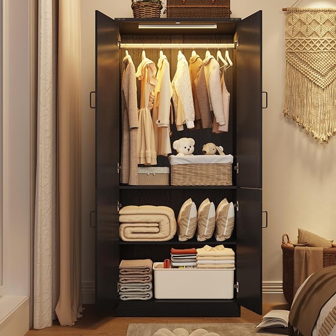 Hlivelood 75" Tall Farmhouse 2 Doors Armoire Wardrobe Closet with LED,Freestanding Closet Wardrobe Cabinet for Bedroom with Hanging Rod,Wooden Armoire Storage Cabinet with Adjustable Shelves(Black)