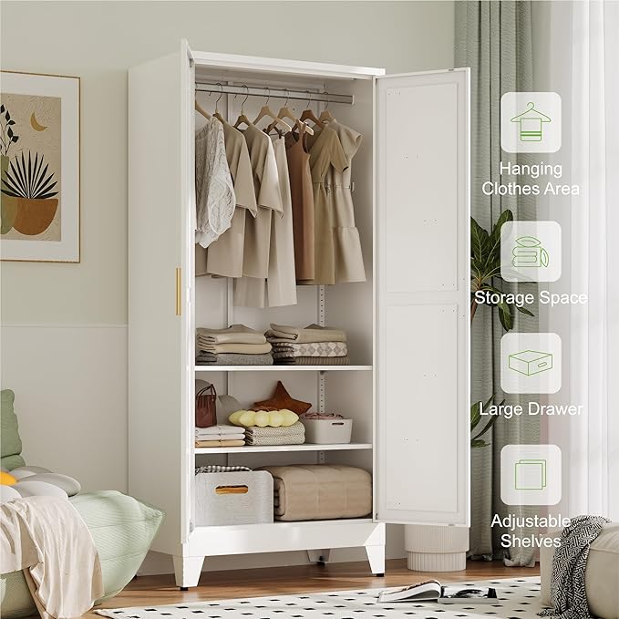 Baborokic Metal Armoire Wardrobe Closet with Hanging Rod,71H Metal Cabinet with Doors and Shelves,Freestanding Farmhouse Bedroom Armoire Closet,Storage Cabinets for Bedroom,Office,Laundry Room(White)