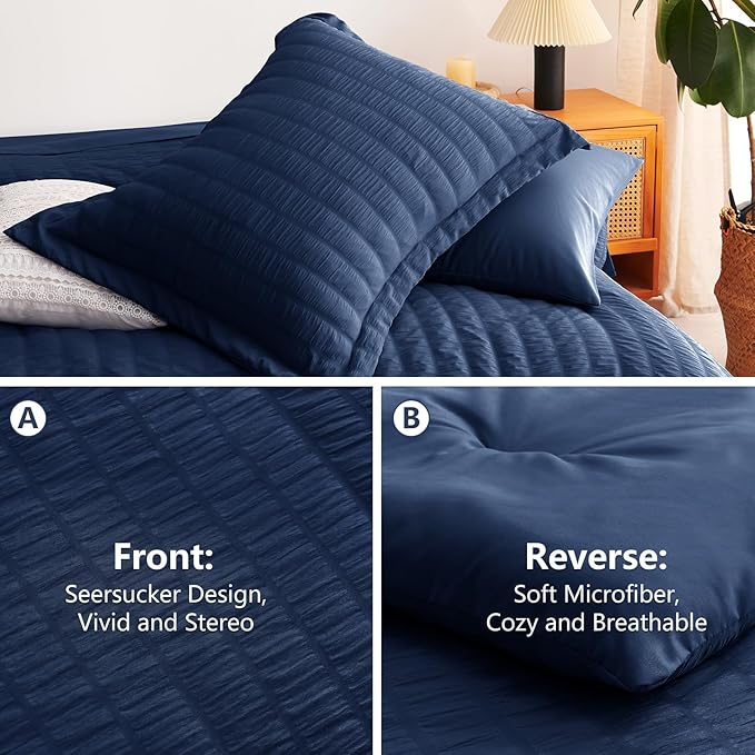 CozyLux Full Size Comforter Sets with Sheets 7 Pieces, Navy Blue Seersucker Bed in a Bag Textured Luxury Soft Bedding Sets with Down Alternative Comforter, Sheets, Pillowcases & Shams for All Seasons