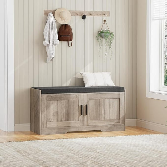 Homleke 2-Tier Storage Bench, Shoe Bench with Thickened Padded Seat Cushion, Entryway Bench with 2 Doors, Adjustable Shelf, 13.8" D x 37.4" W x 18.5" H, for Entryway, Living Room, Bedroom, Greige