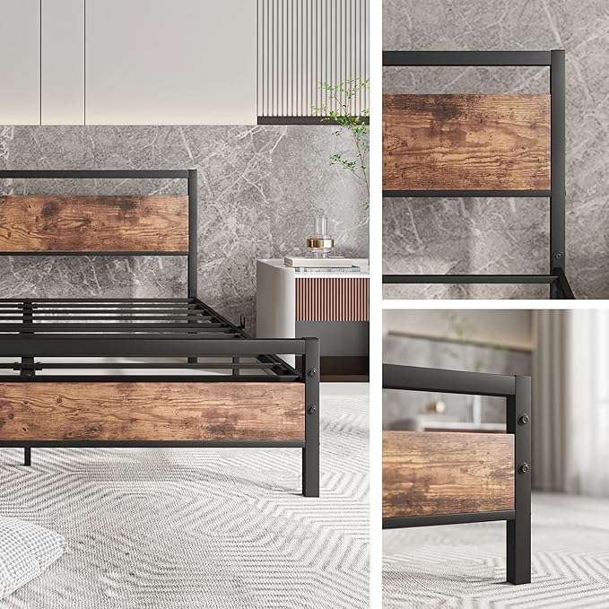 HOJINLINERO Queen Bed Frame with Headboard,Metal Platform Bed Frame Queen Size with Storage No Box Spring Needed,Heavy Duty Steel Slats,Bedframe Mattress Foundation,Black & Rustic Brown