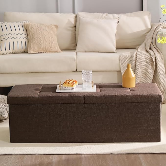 45.3 Inches Storage Ottoman Bench Foldable Seat Footrest Shoe Bench End of Bed Storage with Flipping Lid, 166L Storage Space, Linen Fabric Brown
