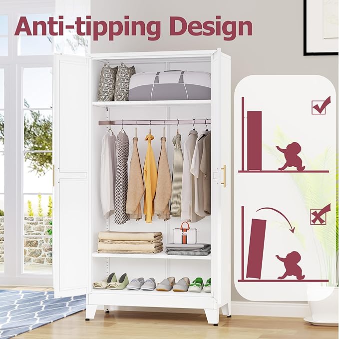 GAIOUS Metal Wardrobe Cabinet with Hanging Rod, 71" Metal Clothing Storage Cabinets with 2 Doors and Adjustable Shelves, White Armoire Wardrobe Closet for Bedroom, Laundry Room, Cloak Room