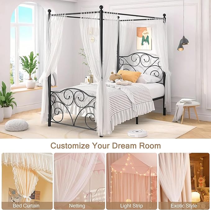 VECELO Metal Canopy Bed Frame Twin Size, 4 Posters Platform Mattress Foundation with Headboard, Heavy Duty Steel Slats Support, No Box Spring Needed, Black