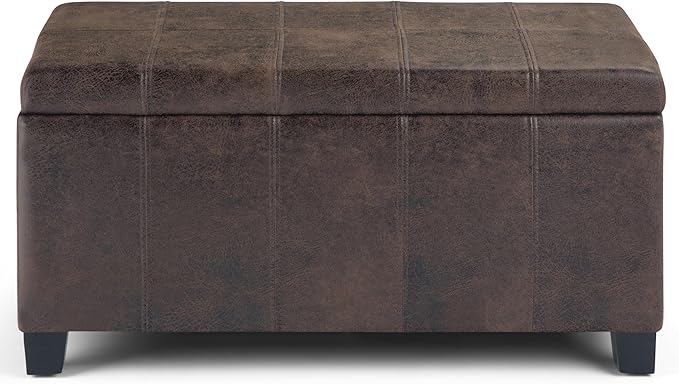 SIMPLIHOME Dover Storage Ottoman Bench - 36 inch Wide Upholstered Vegan Leather Rectangular Lift-Top Ottoman in Distressed Brown, Contemporary Bench for Living Room with Safety Hinges