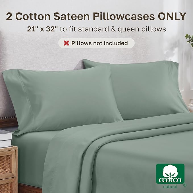 California Design Den Standard/Queen Size Pillow Cases Set of 2 - Luxuriously Soft and Thick 800 Thread Count, Smooth Sateen, Natural 100% Cotton Pillowcases Queen, Durable -Sage Green