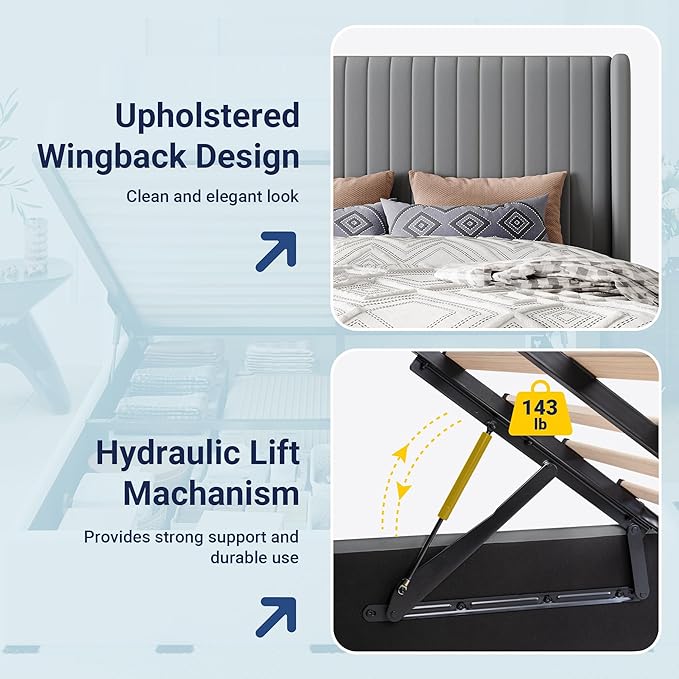 Allewie King Size Lift Up Storage Bed Frame, Hydraulic Support System, Upholstered Platform Bed Frame, Underneath Storage, Vertical Channel Tufted Headboard with Wingback, No Box Spring Needed, Grey