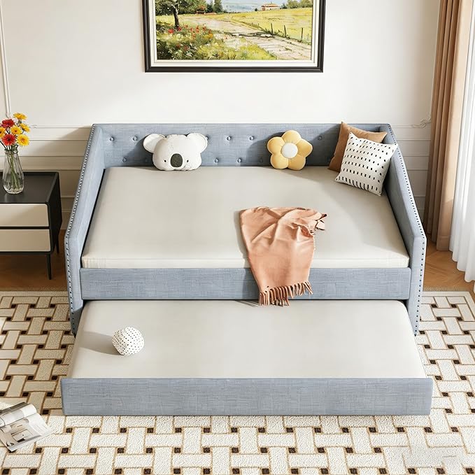 Upholstered Daybed with Trundle, Full Size Day Bed w/Button-Tufted Back and Piping on Waved-Shape Arms for Bedroom or Guest Room, No Box Spring Required, Light Gray