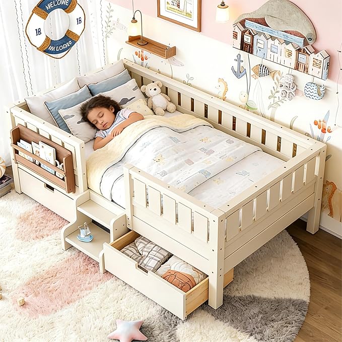Bellemave Full Size Bed Frame with Storage Drawers & Bookshelf, Low Profile Kids Bed with Staircase & Full Length Guardrails, Solid Wood Full Size Bed Frame Kids with Slats Load 450 LBS, Beige