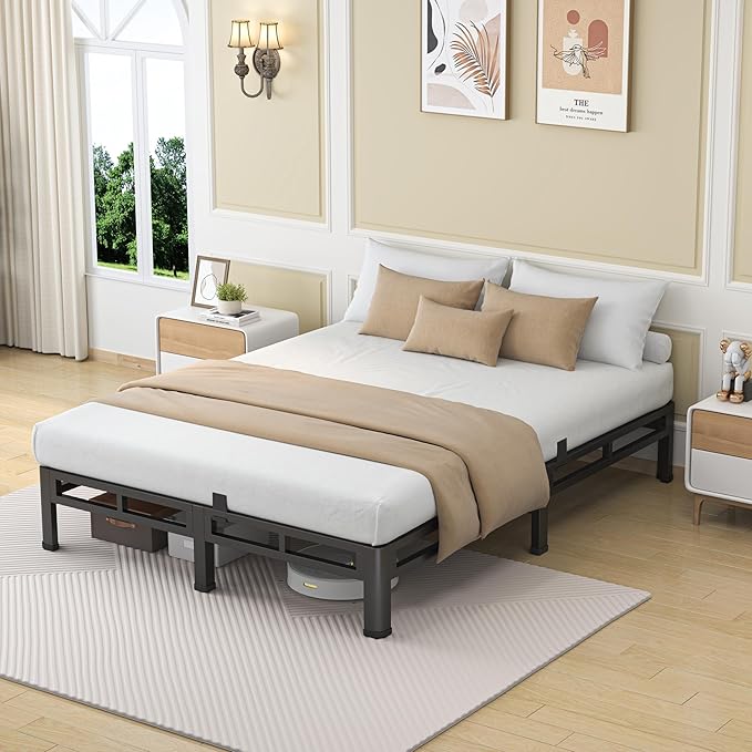 NKZ 7 Inch Full Size Bed Frame, Metal Bed Frame & Box Spring 2 in 1 Platform with Round Corner Legs, 4000Lbs Heavy Duty Low-Profile Frame, Mattress Slide Stopper, Noise-Free, Easy Assembly