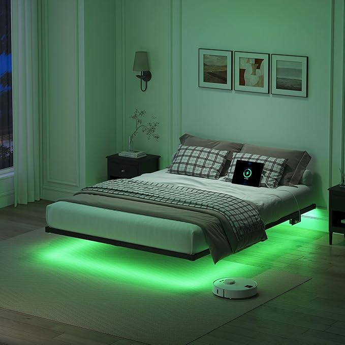 YORMDMO Floating Bed Frame Queen Size, Heavy Duty Bedframe with Smart LED Lights & Charging Station, Modern Metal Platform Bed, Easy Assembly No Box Spring Needed, 10 Inch