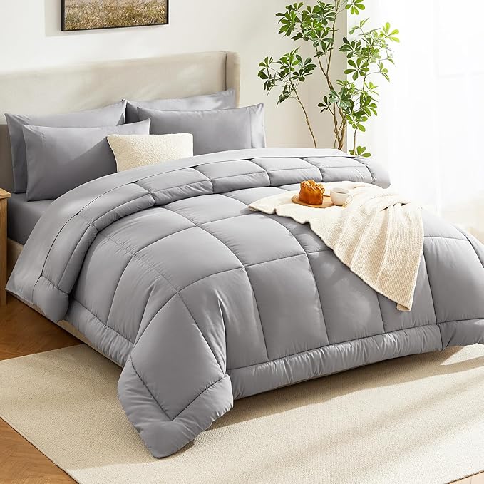 CozyLux Twin XL Comforter Set Grey, 5 Pieces Twin Extra Long Bed in a Bag for College Dorm, All Season Bedding Set with Stitch Quilted Comforter, Flat Sheet, Fitted Sheet, Pillowcases