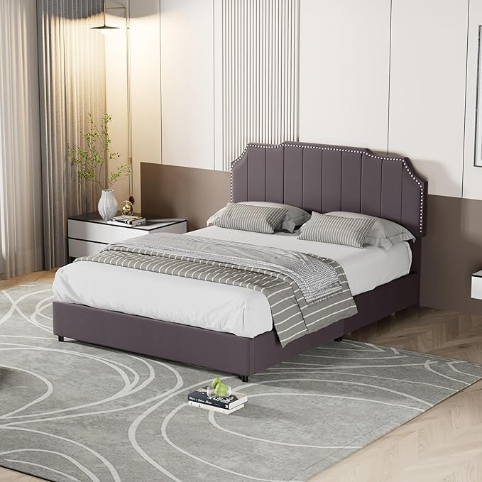 VECELO Queen Upholstered Platform Bed Frame with 4 Storage Drawers,Velvet Vintage Queen Bed with Nailhead Trim,Tufted Height Adjustable Headboard,Wooden Slats/No Box Spring Needed/Easy Assembly