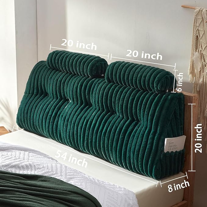 Rycwola Faux Fur Headboard Pillow with 2 Pack Neck Roll Pillow Large Headboard Pillow Soft and Supportive with Removable Cover (Green, Full)