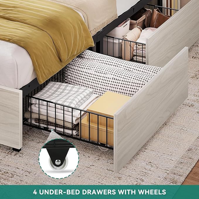 DWVO King Size Bed Frame with Bookcase Headboard and 4 Storage Drawers, RGB LED Bed Frame with Type-C & USB Charging Station Storage Headboard Bed, No Box Spring Needed, Noise Free, Wooden White