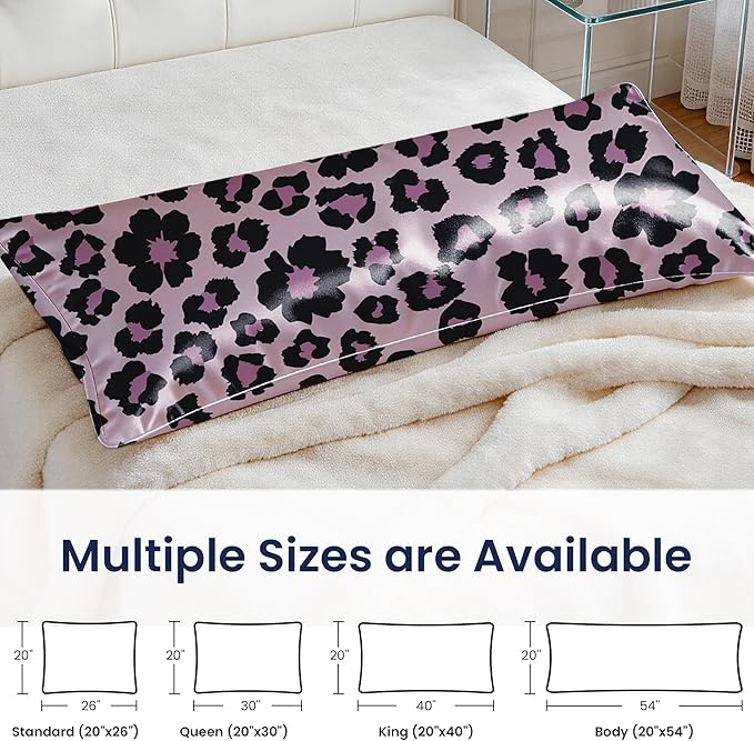 EXQ Home Satin Pillowcase for Hair and Skin - Printed Sweet Leopard Silk Body Pillowcase 20x54 inches - Body Pillow Cases with Envelope Closure, Gifts for Women Men