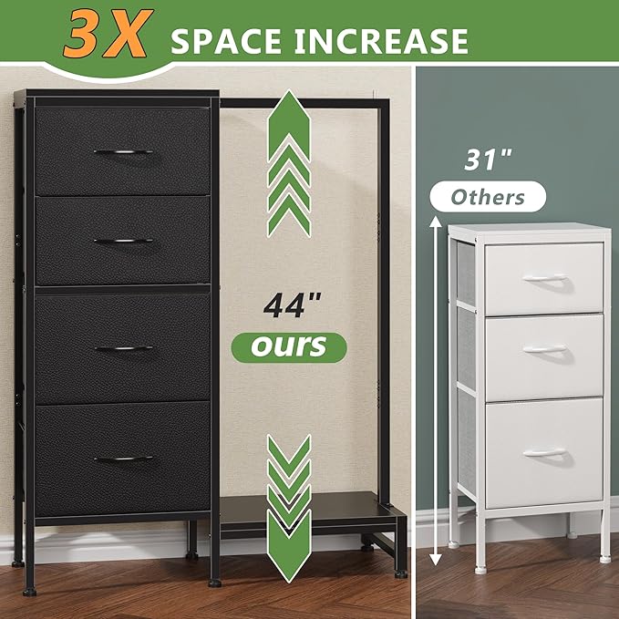 HIGDBFE Dresser with Hanging Rack, 4 Drawers Small Closet for Bedroom, Reversible Fabric Kids Chest of Drawers with Clothes Rack, Tall Storage Tower, Sturdy Frame, Black, 44''H