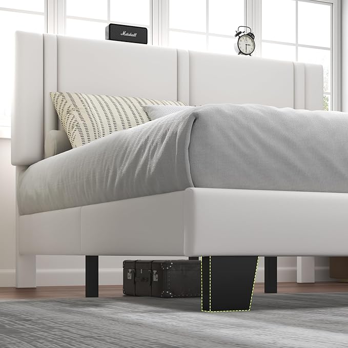 Feonase Queen Platform Bed Frame, Velvet Upholstered Queen Bed Frame, Solid Wood Slats & Heavy Duty Feet Support, No Box Spring Needed, Noise-Free, Easy Assembly, White