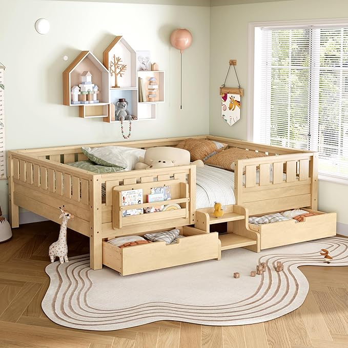 Bellemave Queen Bed with Storage Drawers & Bookshelf, Low Profile Kids Bed Frame with Staircase & Full Length Guardrails, Solid Wood Queen Bed for Kids with Slats Load 550LBS, Easy Assembly, Natural